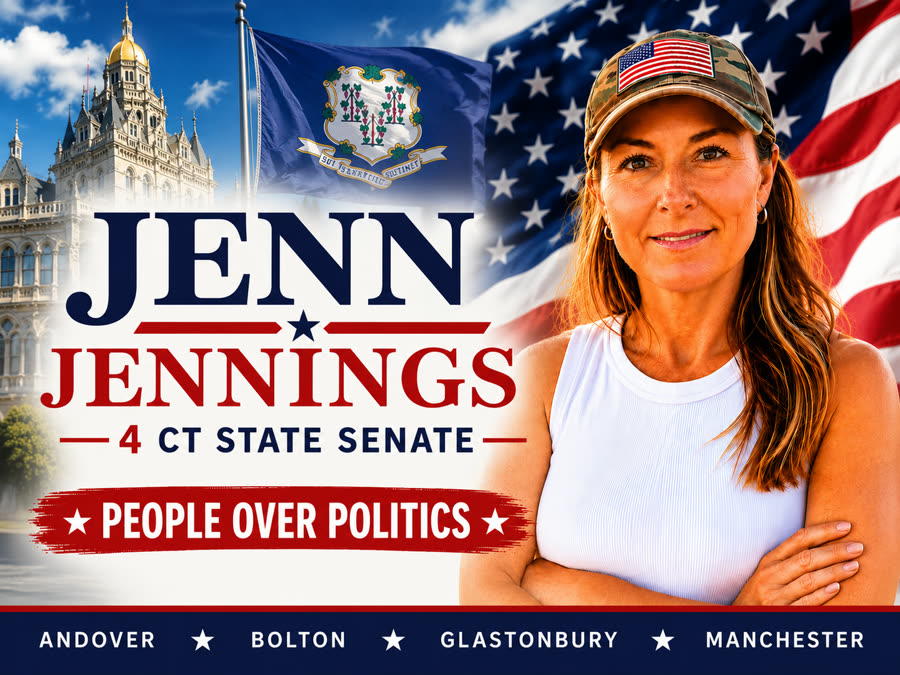 A campaign banner. A photograph of Jenn Jennings in a camouflage cap bearing an American flag patch, arms folded, against the United States flag, the Connecticut state flag, and the State Capitol. The text reads "Jenn Jennings, 4 CT State Senate" above a red brush stroke reading "People over politics", and a bar along the bottom reads "Andover, Bolton, Glastonbury, Manchester".