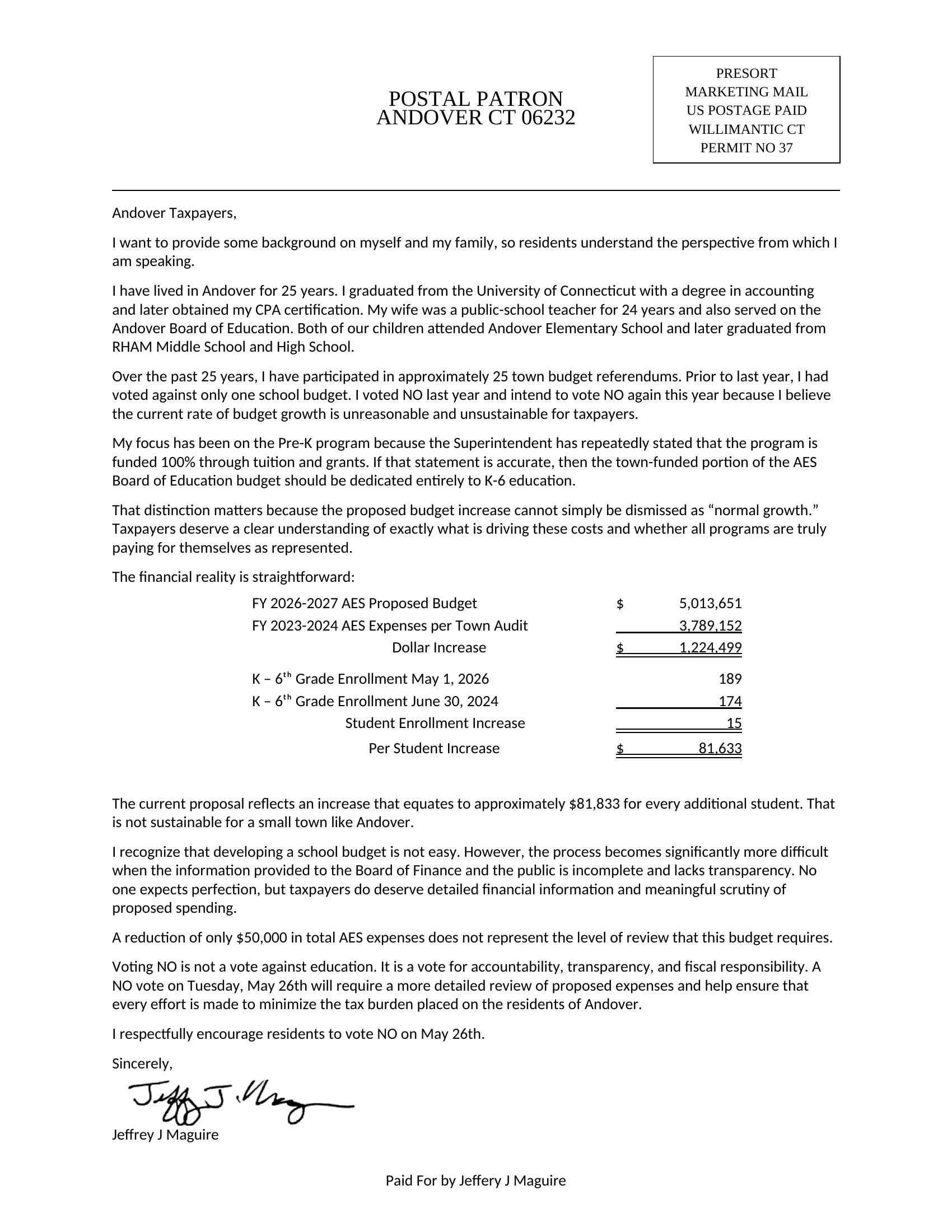 Mailer from Jeff Maguire urging NO on the AES budget. The figure $81,833 is circled.