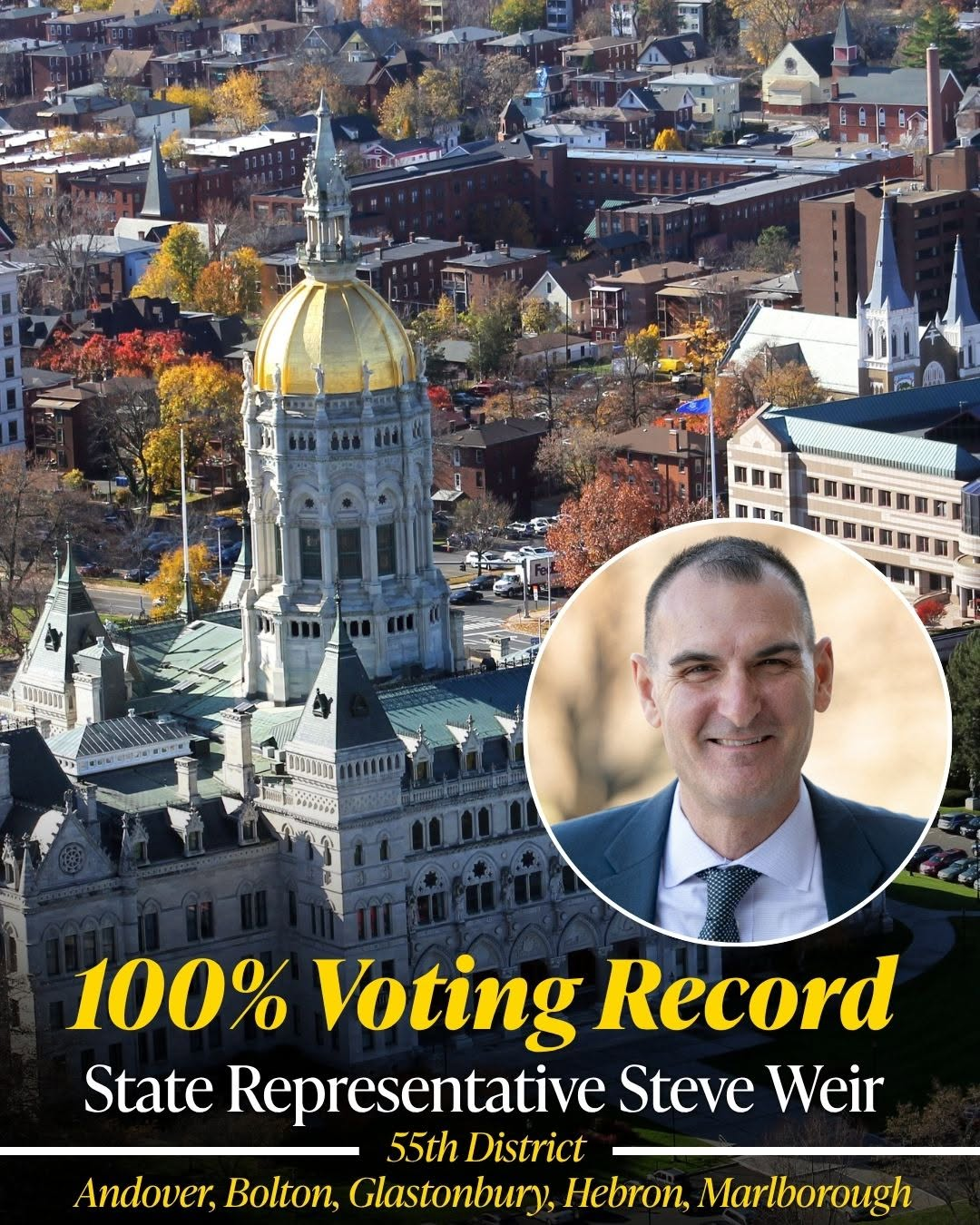 Social-media graphic from Rep. Steve Weir showing the Connecticut State Capitol, his portrait, and the headline '100% Voting Record, State Representative Steve Weir, 55th District.'
